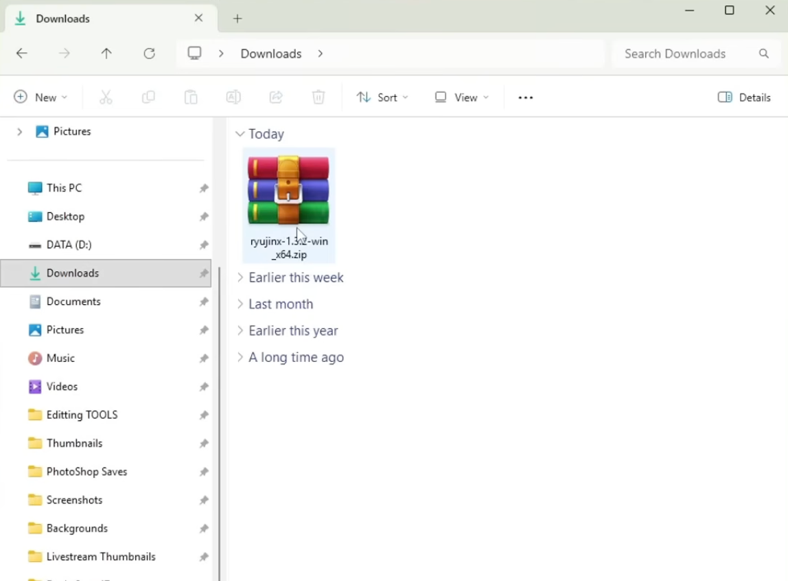 Windows Downloads folder showing the Ryujinx zip archive