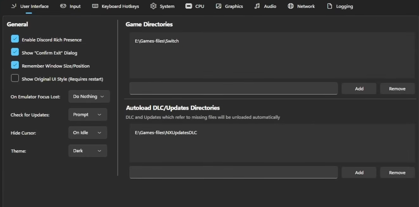 Ryujinx Settings window showing Autoload DLC and Updates Directories