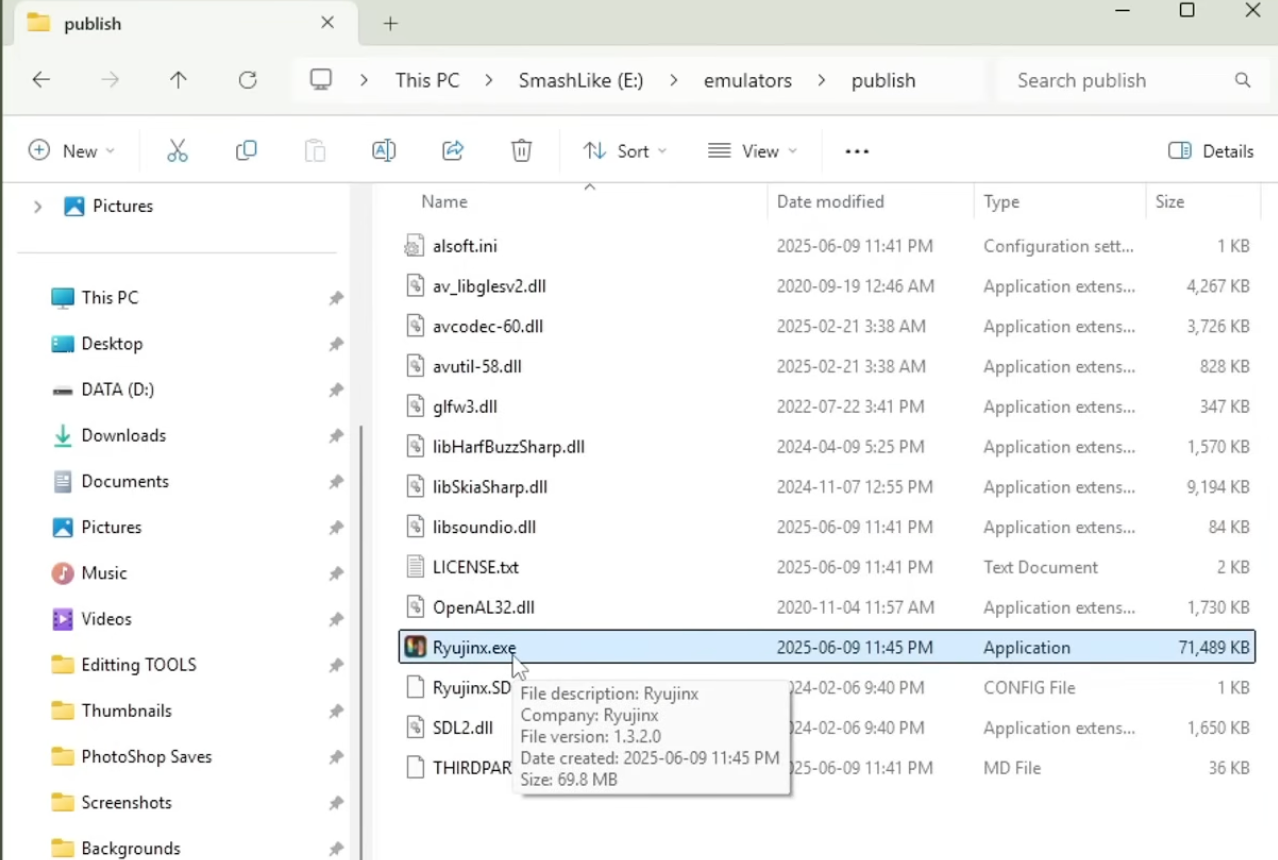 Extracted Ryujinx folder with Ryujinx.exe selected