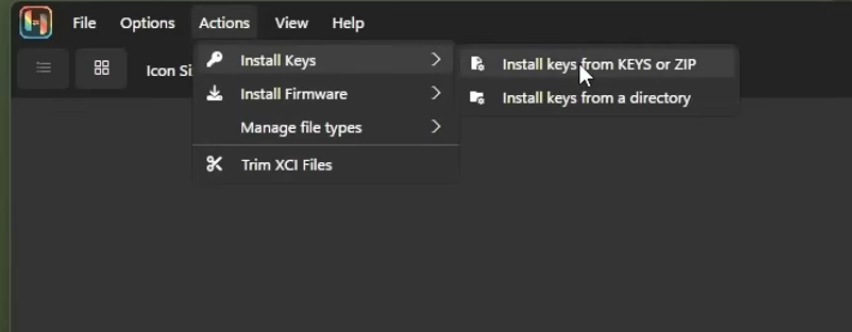 Ryujinx menu showing Actions then Install Keys