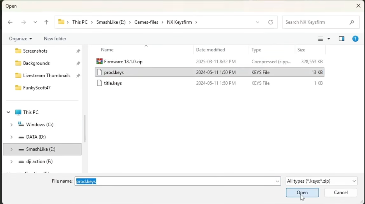 Windows file picker with prod.keys selected