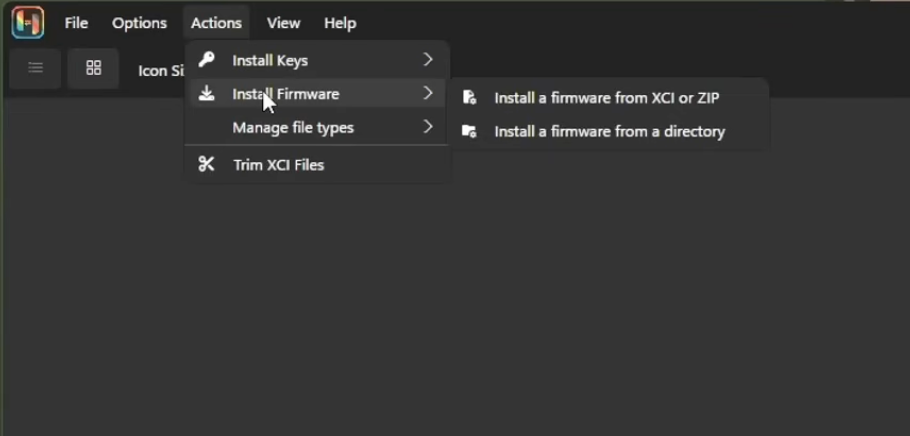 Ryujinx menu showing Actions then Install Firmware