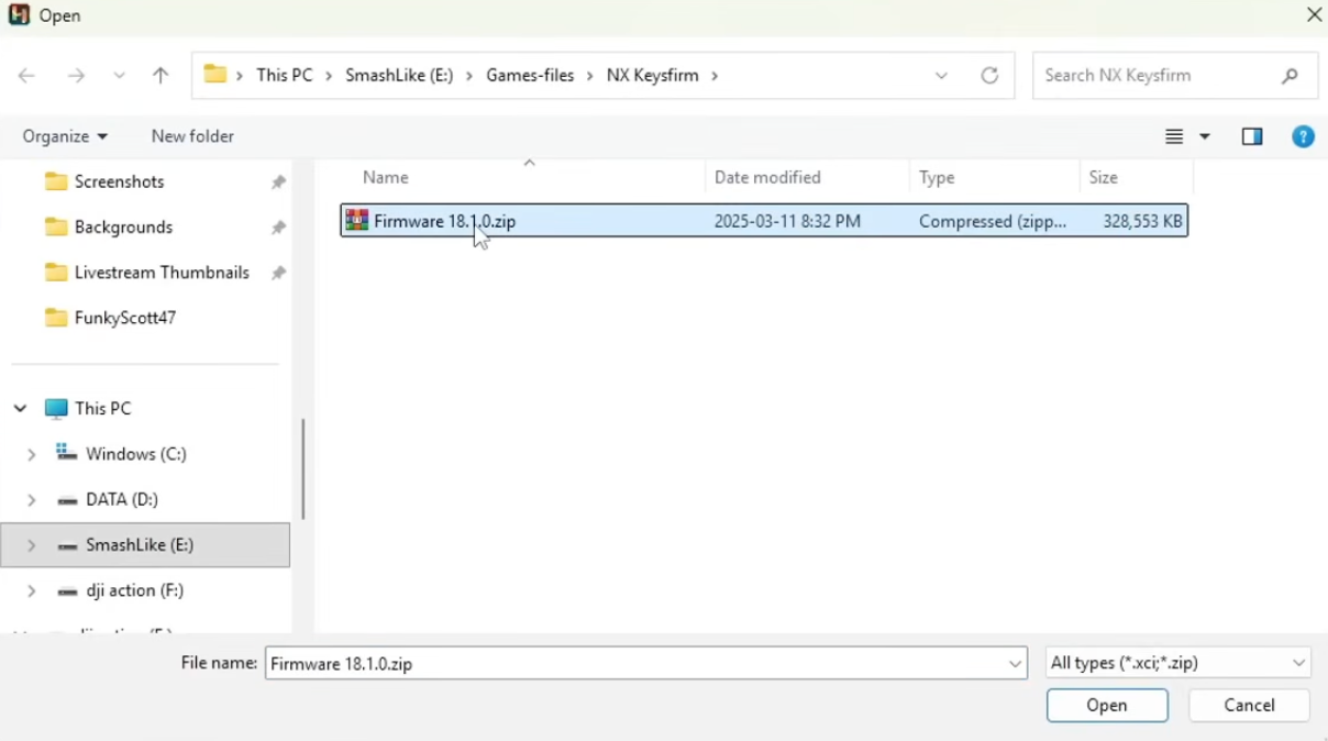 Windows file picker with firmware zip selected