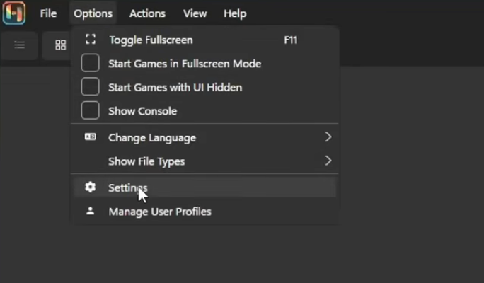 Ryujinx Options menu with Settings highlighted