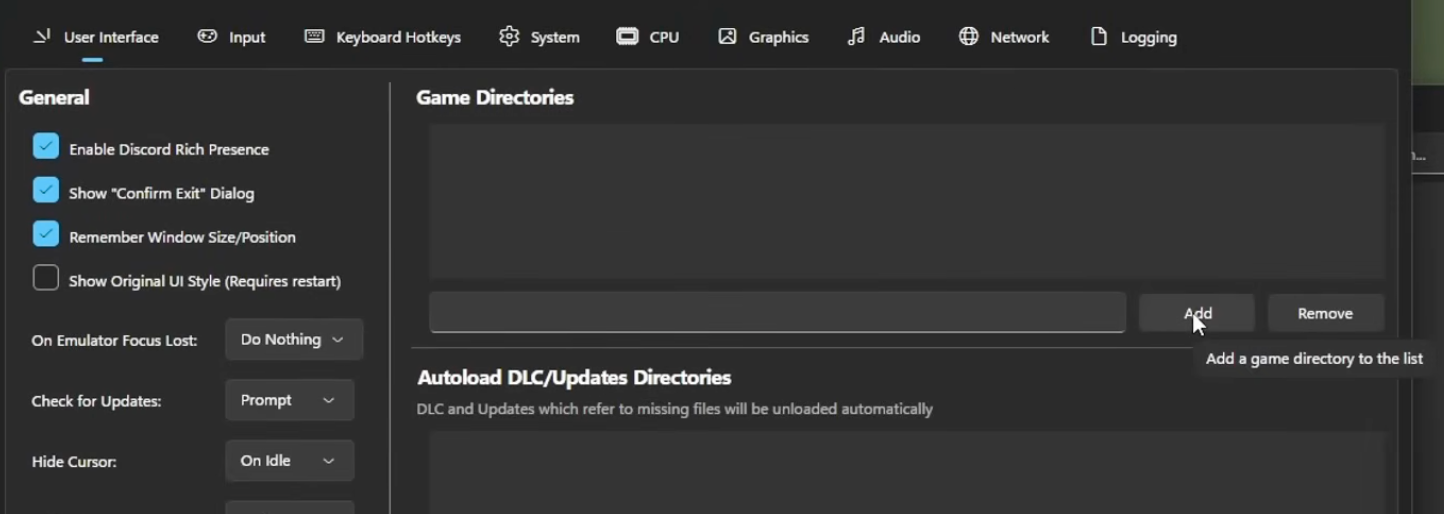 Ryujinx Settings window showing the Game Directories section and Add button