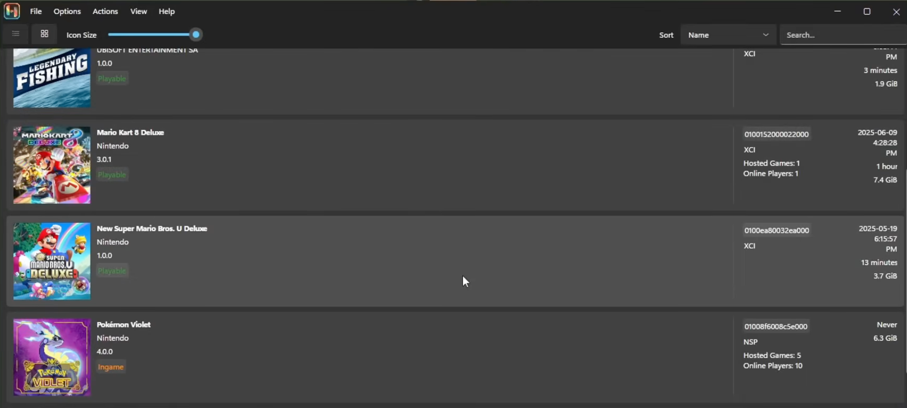 Ryujinx game library showing several detected games